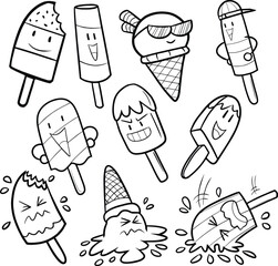 Funny and cute ice cream cartoon illustrations set in black and white