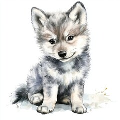 Obraz premium Adorable Gray Wolf Cub Sitting Upright with a Watercolor Texture