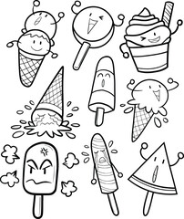 Cute and funny ice cream cartoon character in black and white outline collection, with many action and expression.