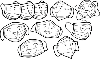 Cute and funny rounded face masks in many expressions in black and white outline.