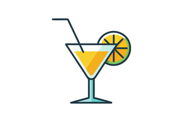 Cocktail glass icon with fresh lemon slice and elegant straw