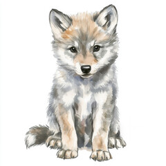 Fototapeta premium Watercolor Illustration of a Seated Wolf Cub with Detailed Fur