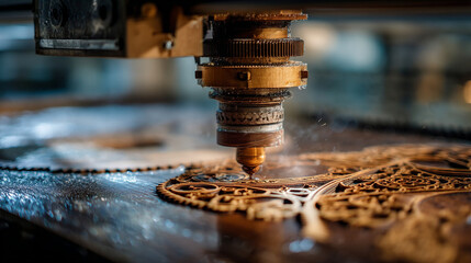 Close up of a laser cutter engraving intricate design on wood surface