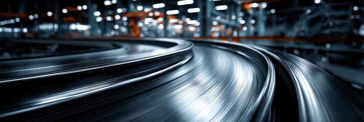 Curved metallic surface reflecting lights in a modern industrial facility during daytime operations