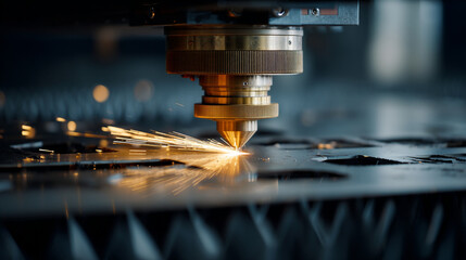 Close up of industrial laser cutting machine with sparks and metal sheet