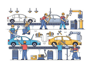 Automobile Assembly Line in Action: Illustrated scene of an active car assembly line, with workers meticulously building vehicles, capturing industry, teamwork, and technology