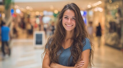 Cheerful Young Woman Smiling in a Shopping Mall Setting