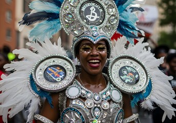 Smiling Woman in Shimmering Silver and Blue Carnival Costume with Glitter Makeup