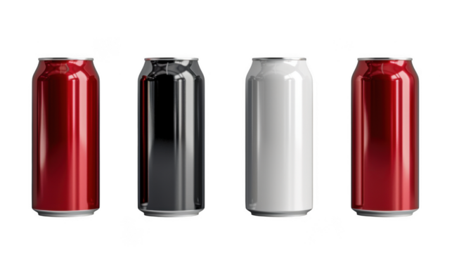 Cola soda aluminum drink can mockup transparent PNG cutout set bundle, isolated background.Basic gray, red, white color, standard 12 oz size