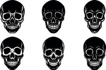Collection of Black and White Skull Illustrations for Halloween or Gothic Themes