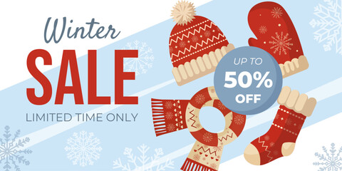 Winter sale vector banner with Christmas hat, scarf, gloves, socks and white snowflakes on blue background. Festive seasonal design template for shopping discounts, holiday offers, advertising