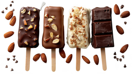 Chocolate glazed vanilla ice cream bar on stick transparent PNG cutout set bundle, isolated background. Almond nuts, dark, milk and white chocolate flavor cue.