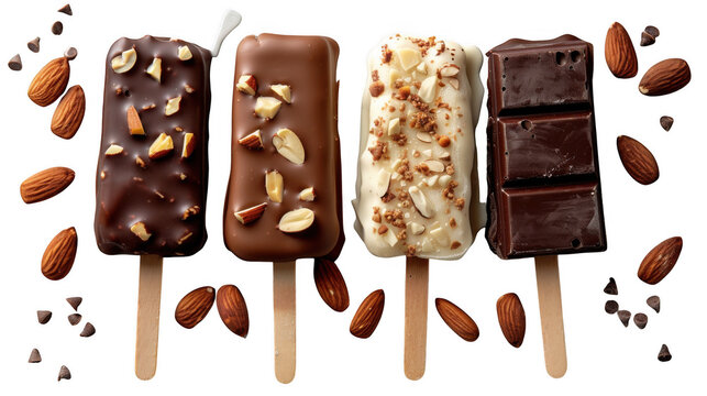 Chocolate glazed vanilla ice cream bar on stick transparent PNG cutout set bundle, isolated background. Almond nuts, dark, milk and white chocolate flavor cue.