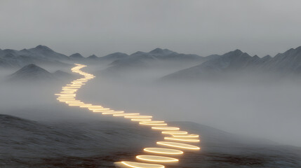 Glowing footprints ascending misty mountains, representing the challenging path of personal health journeys.