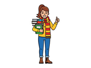 Young student with Books and Thumbs Up: A cheerful student, embraces the pursuit of knowledge, cheerfully holds a stack of books while flashing a thumbs-up sign.