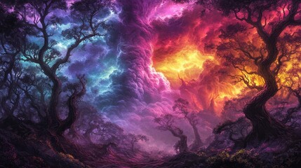 Fototapeta premium Vibrant Fantasy Landscape with Mystical Foliage and Colorful Sky, Dramatic Lighting and Dreamlike Atmosphere in Nature Scene