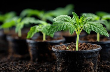 Close-up of young tomato seedlings in small pots