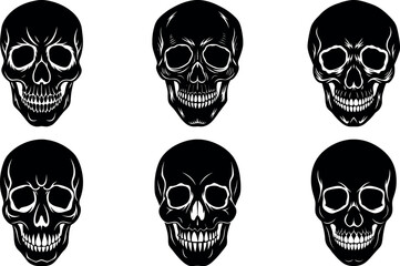 Collection of Six Black and White Skull Illustrations in Varying Styles