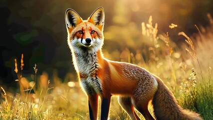 A red fox stands in a field of tall grass, bathed in the warm glow of the setting sun. Its fur is highlighted by the light, accentuating its vibrant colors and soft texture - Powered by Adobe