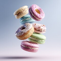 Colorful macarons and donuts on soft pastel backdrop.