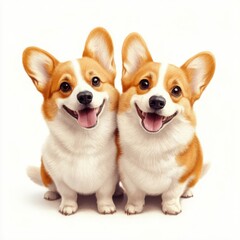 Two Happy Pembroke Welsh Corgis Sitting Side-by-Side on a Plain Background