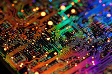 Obraz premium neon purple board placed on top of a computer motherboard AI