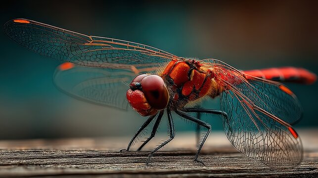 Red dragonfly perched on wooden surface, showcasing intricate wings and vibrant colors during sunny afternoon