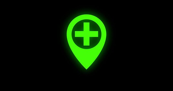Animation of a glowing geolocation pin emerging from the bottom of the screen with a spinning green plus icon on a black background
