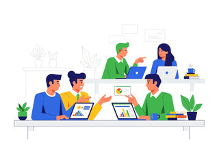 Digital Collaboration: A lively group of professionals collaborate in a dynamic business environment, engaged in insightful discussions surrounding data visualization.