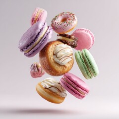 Colorful macarons and donuts on soft pastel backdrop.