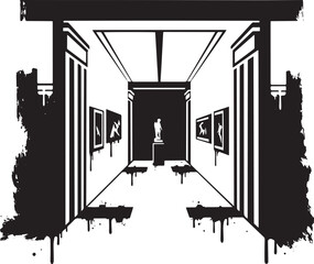 Naklejka premium Striking monochrome graphic depicting an art gallery hallway wit