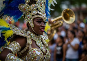 Close-up of a Beautiful Carnival Performer in Ornate Blue and Yellow Feathered Costume