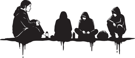 Monochrome illustration capturing youth alienation and urban ano