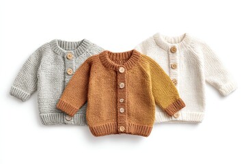 Obraz premium Set of baby cardigan, sweaters, onesies on a light background. Fashion newborn clothes made with organic cotton, wool. Cute knitted kids soft clothing. Infant trendy bodysuit natural warm earthy color