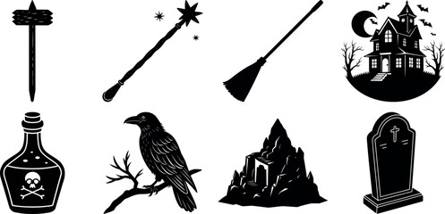 Halloween Silhouette Vector Set with Haunted House and Witchy Elements
