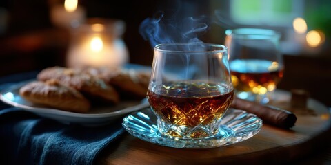 Whiskey served with freshly baked cookies during a cozy evening gathering