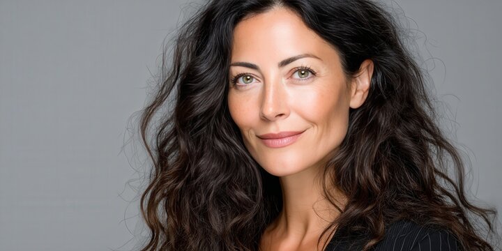 Confident Woman with Beautiful Curly Hair Posing Against a Neutral Background