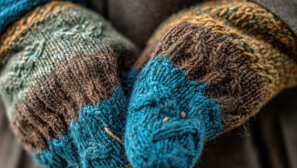 Close-up of cozy, hand-knitted mittens