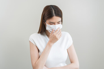 Female unhealthy Sickness, asian young woman, girl unwell and coughing, have cold, sore throat...