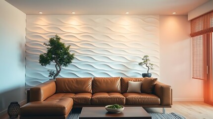 Obraz premium Brown Leather Sectional Sofa in Modern Living Room with Textured Wall Panels, Bonsai Trees, and Warm Lighting. 