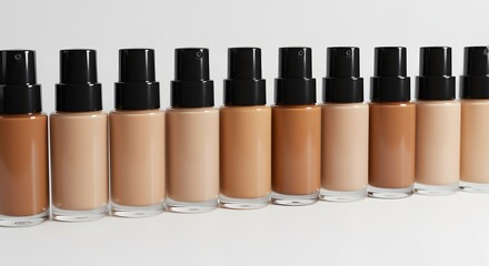 Minimalist Foundation Bottles in Various Skin Tone Shades on White Surface