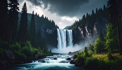 Fototapeta premium Majestic Waterfall Cascading Through Mountainous Forest.