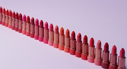 Row of Colorful Lipsticks Arranged in Gradient Order on Soft Pink Background