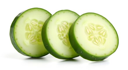Three fresh green cucumber slices on a white background