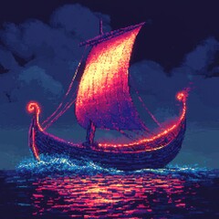 Sailing ship illuminated on water at dusk in pixel graphic style