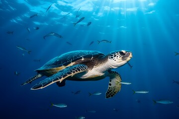 Majestic sea turtle gliding through sunlit ocean waters