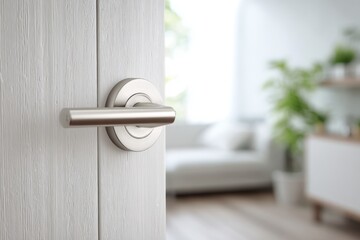 Doorknob. Metal door handle lock and latch of brass on veneer doors. Door wooden half opening through interior bedroom background, selective focus. Modern trends in interior design. Close-up