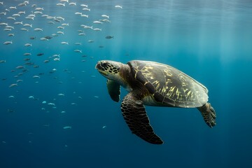 Fototapeta premium Sea turtle swimming gracefully through clear blue ocean water with small fish
