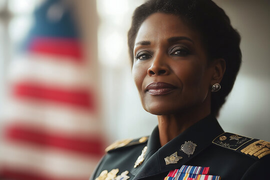 Portrait of african american woman army officer with american flag - Powered by Adobe