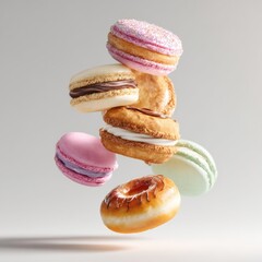 Colorful macarons and donuts on soft pastel backdrop.